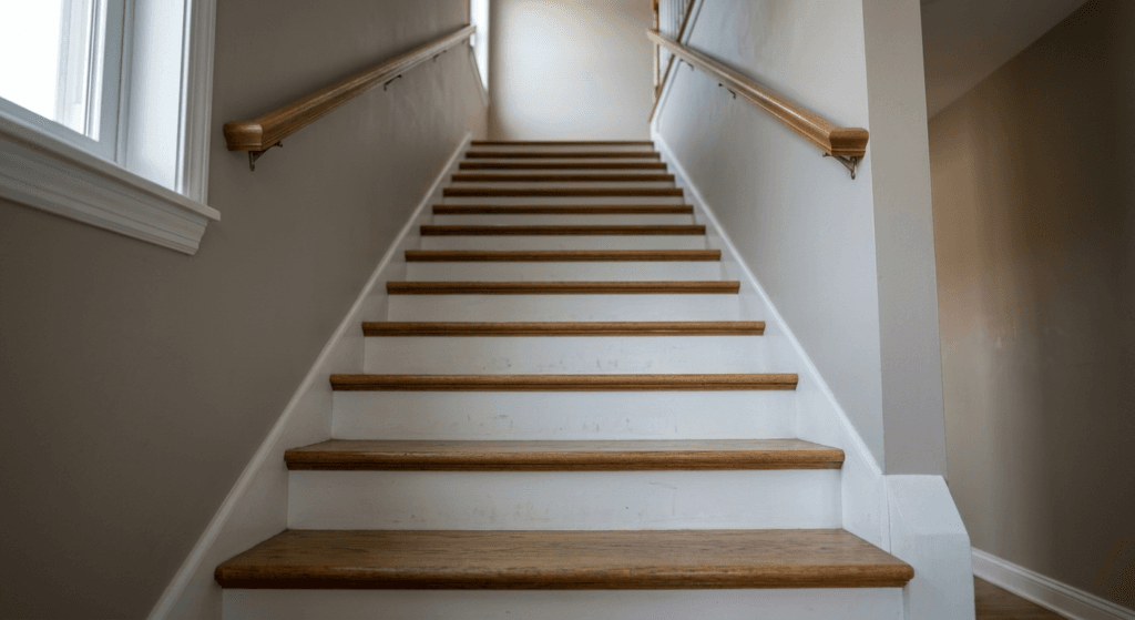 Wooden staircase with dual handrails in a typical American middle-class home showing subtle everyday wear