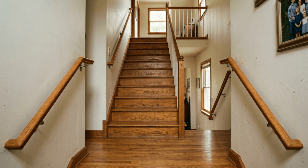 American middle-class wooden staircase with round handrails installed on both sides