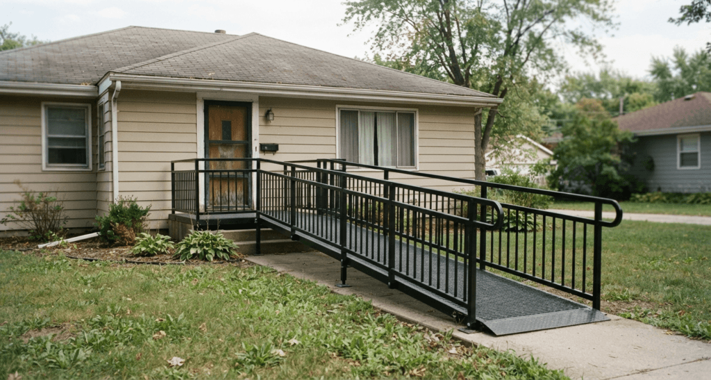 Black metal wheelchair ramp with handrails at a home entrance