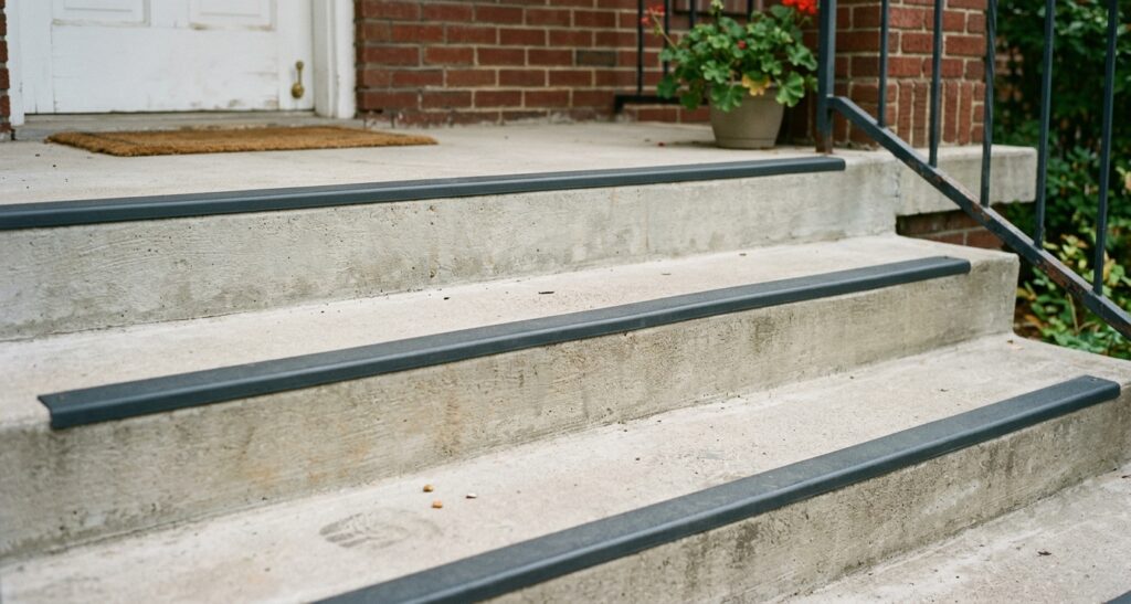 Low side view of outdoor concrete steps with consistent riser heights, deep treads, and anti-slip edge strips