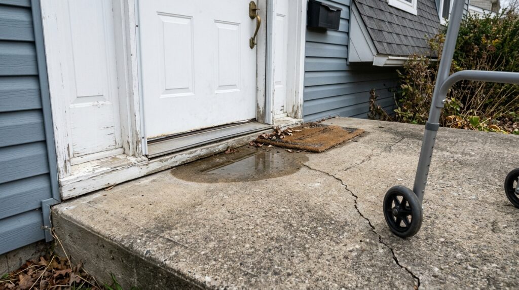 Cracked concrete entryway landing with pooled water near the threshold and the wheel of a walker.