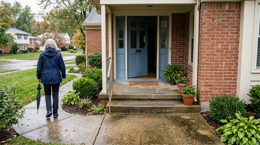 Older woman walking along a wet concrete path beside a home entrance with shallow steps and secured mats