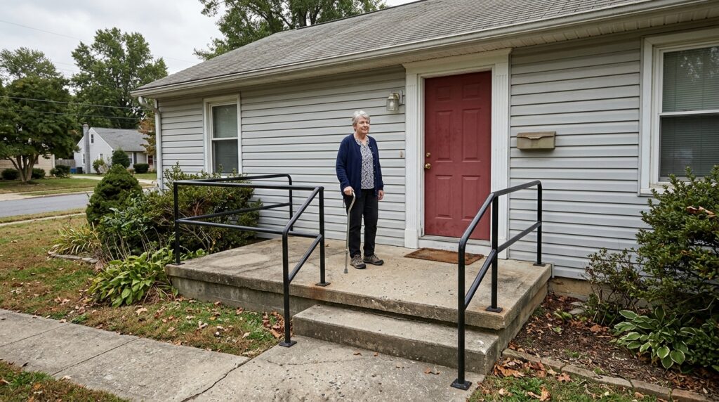 Older woman with a cane standing on a spacious entryway landing with handrails beside the front door.