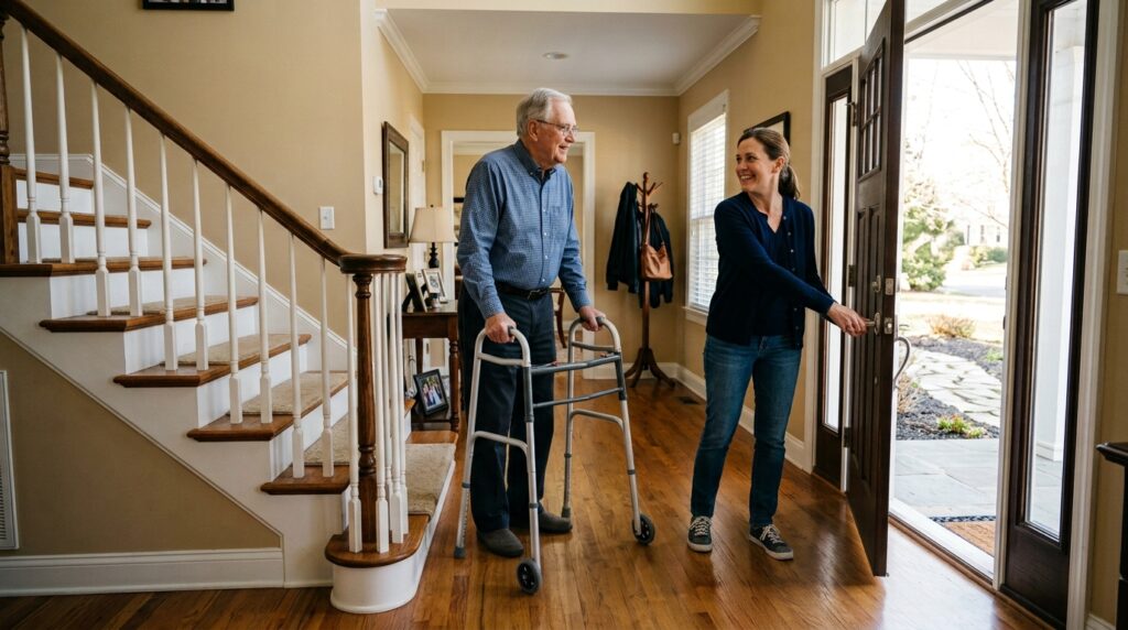 Older man using a walker while his adult daughter opens the front door beside him.