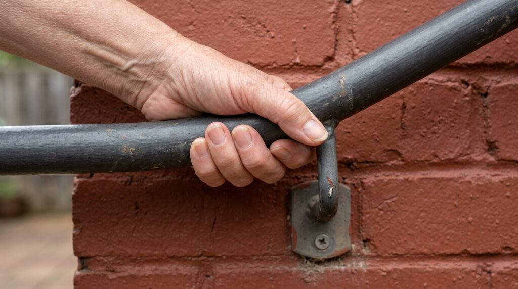 Older adult’s hand wrapping securely around a round outdoor handrail with clear finger space