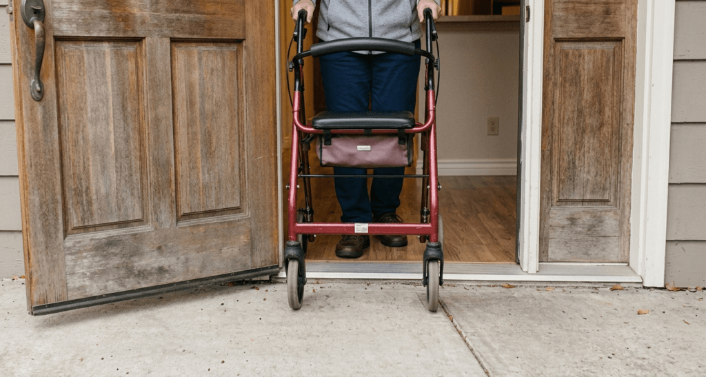 Older adult moving a four-wheeled walker across a low beveled threshold onto a level interior floor
