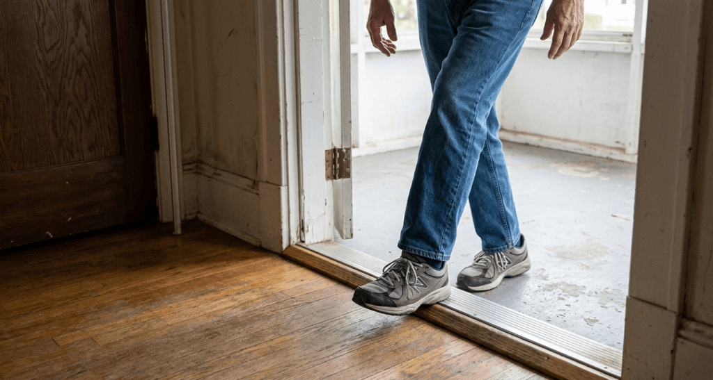 Older adult stepping across a low beveled front door threshold in supportive walking shoes