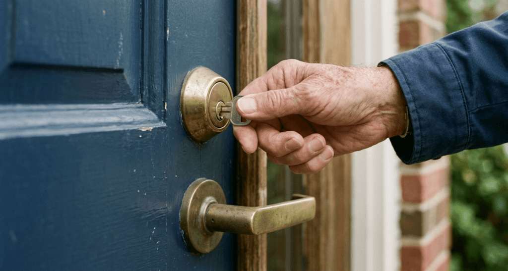 Older adult inserting a key into a front door deadbolt above a lever-style handle