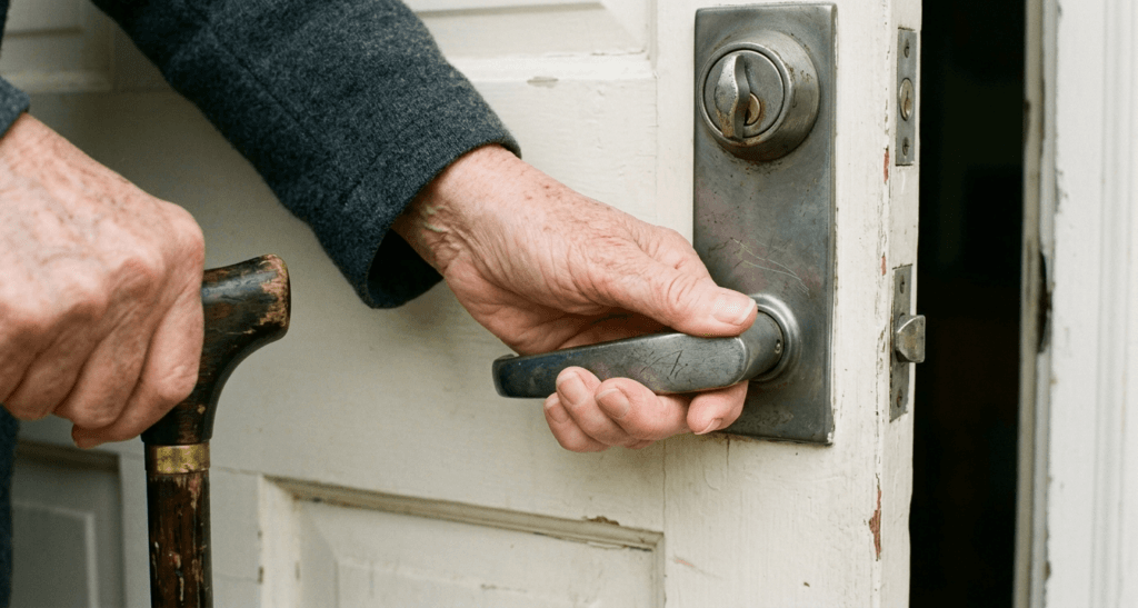 Close-up of an older woman pressing a lever-style door handle while holding a cane with her other hand