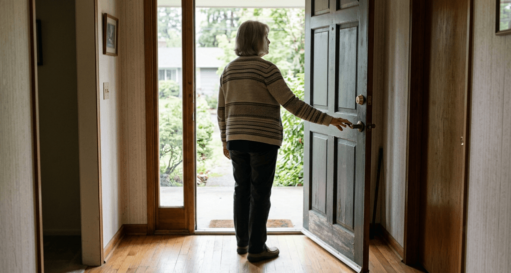 Older woman standing upright while controlling a partially open front door from inside her home
