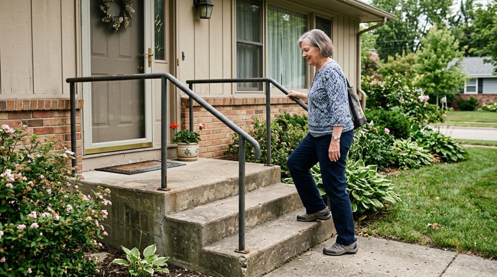 Older woman holding an outdoor handrail while climbing concrete entrance steps