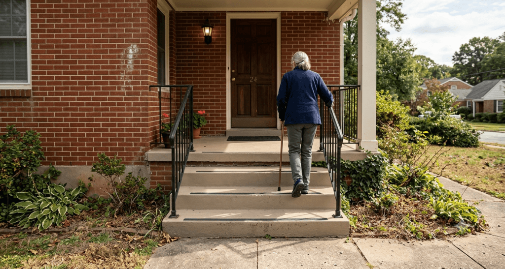Older woman using a handrail and cane while climbing safe, well-lit front entrance steps