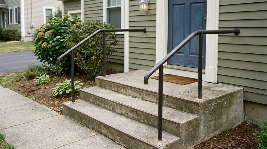 Two outdoor handrails following concrete entrance steps and continuing beside the top landing