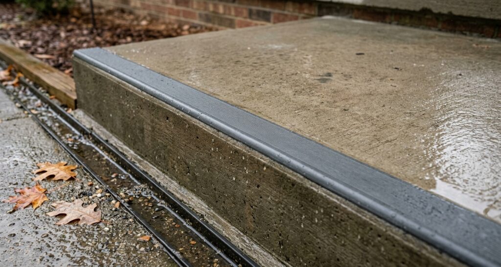 Close view of a textured outdoor step with a visible anti-slip edge and rainwater draining away from the tread