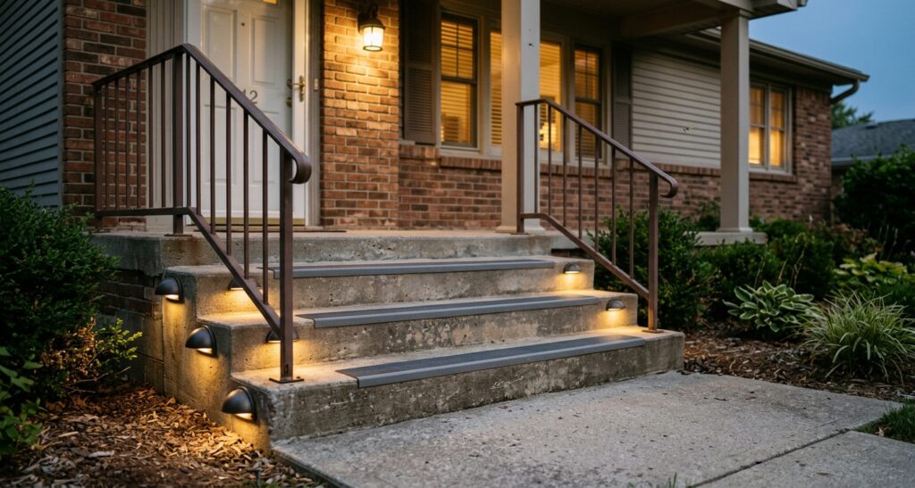 Warm shielded lights illuminating outdoor step edges and treads at a residential entrance