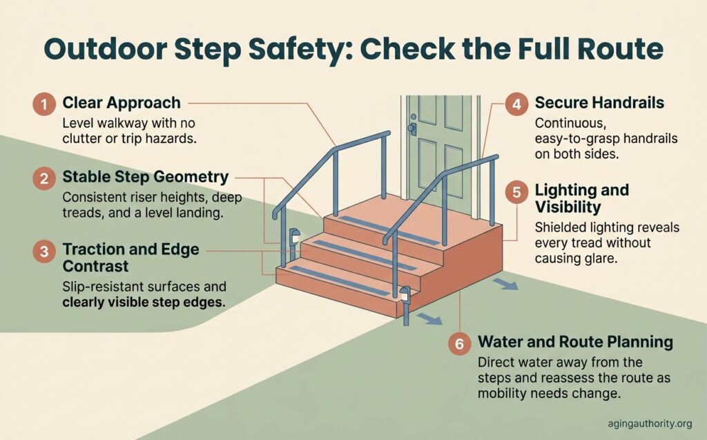 Infographic showing six outdoor step safety checks, including a clear walkway, consistent step geometry, traction, handrails, lighting, and drainage