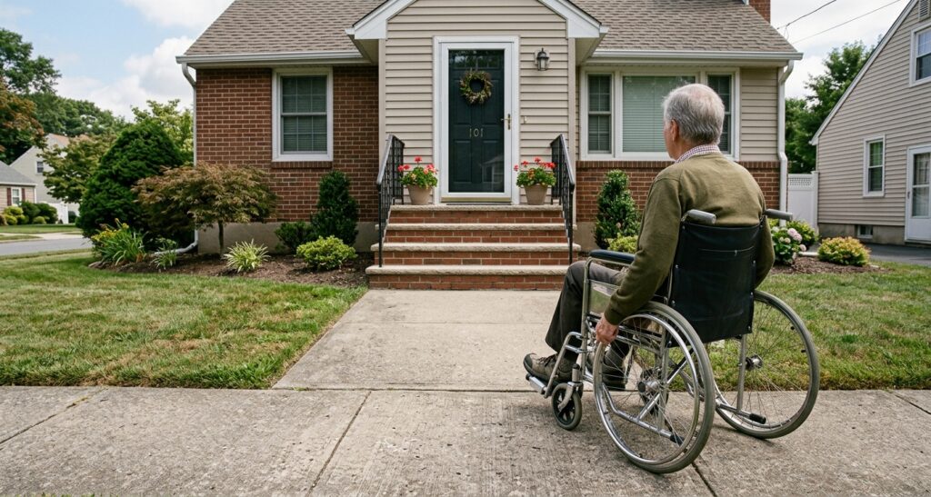 Older adult in a wheelchair viewing outdoor entrance steps from a level walkway