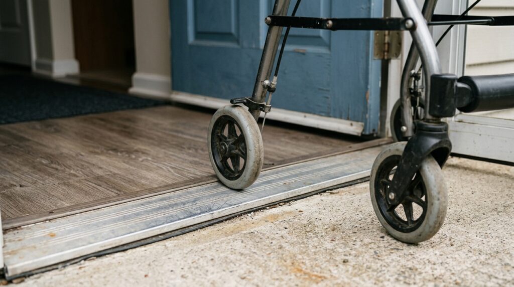 Front wheel of a rolling walker approaching a raised threshold between concrete and vinyl flooring