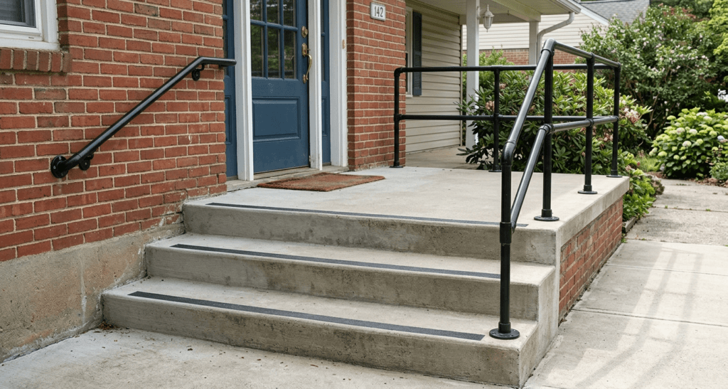 Three uniform slip-resistant entrance steps with two secure handrails and a spacious level landing