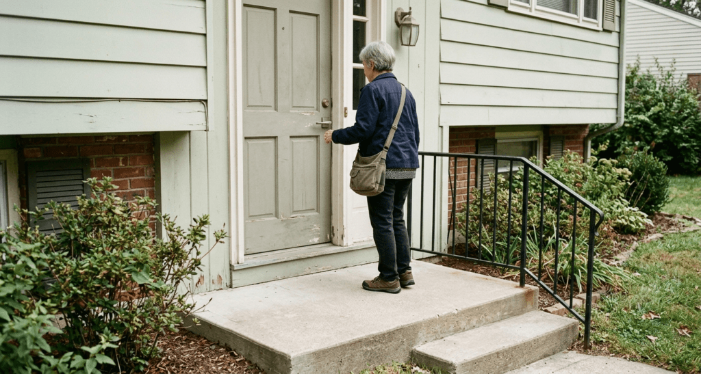 Older woman approaching a front door with a lever handle, low threshold, clear landing, and handrail