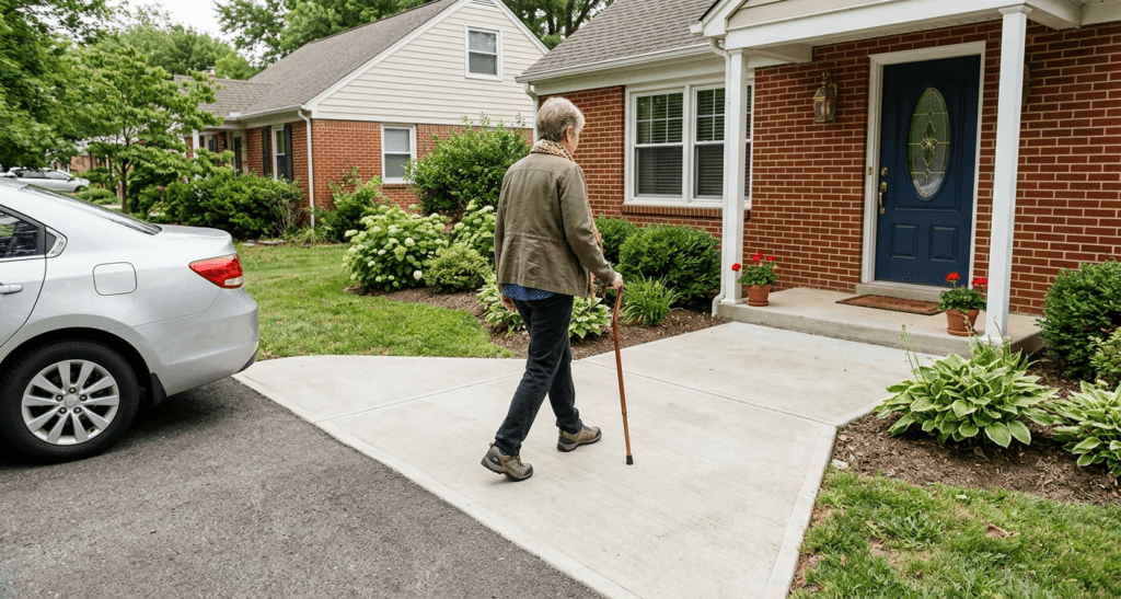 Older woman using a cane on a clear, level walkway from the driveway to the home entrance