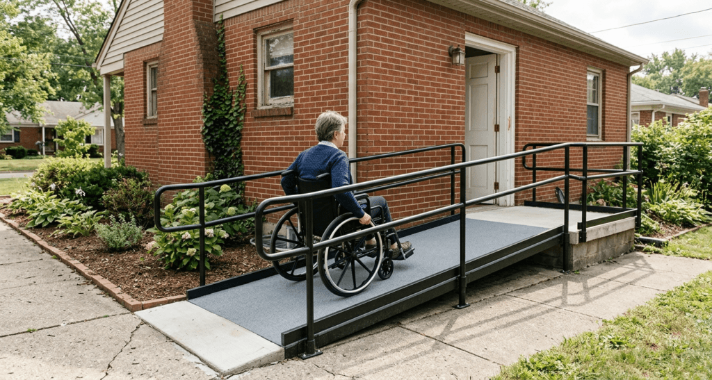 Older woman using a gently sloped home ramp with secure handrails, edge protection, and level landings