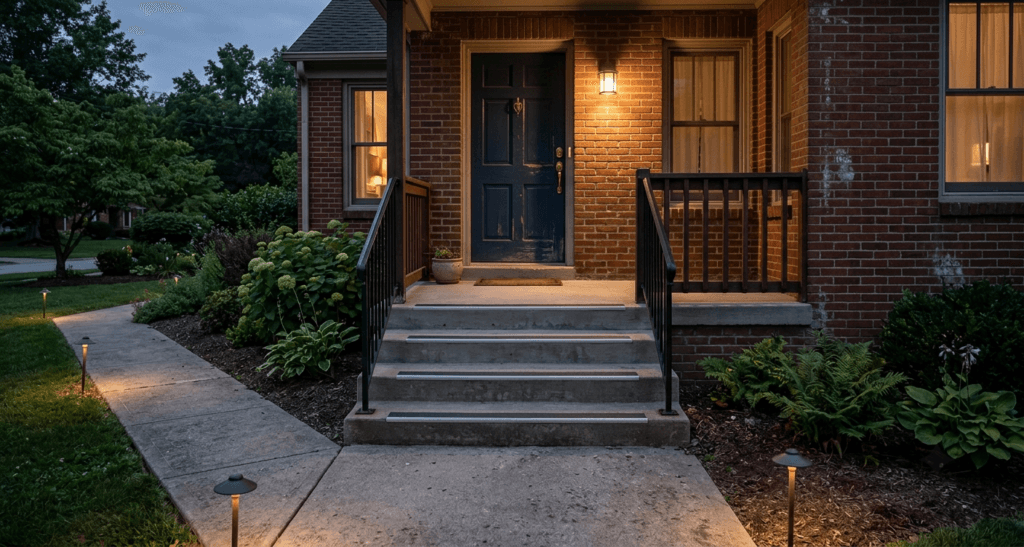 Even exterior lighting illuminating the walkway, step edges, landing, door lock, and threshold