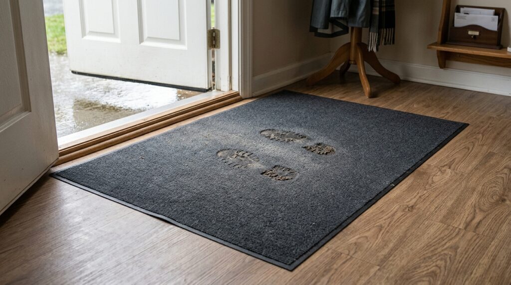 Flat low-profile entry mat capturing damp footprints beside a low front-door threshold