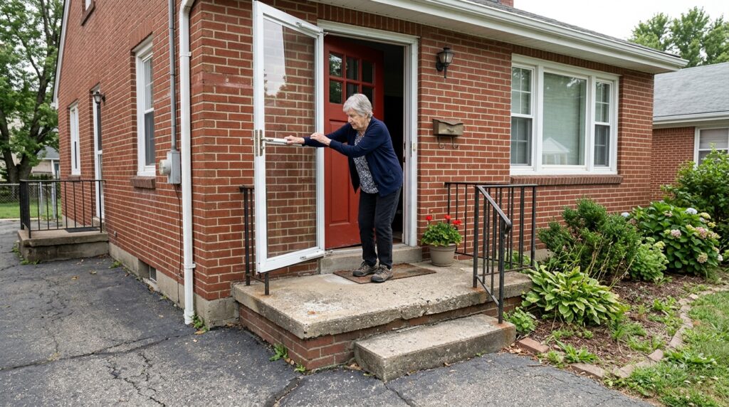 Older woman opening an outward-swinging storm door that occupies part of the entryway landing.