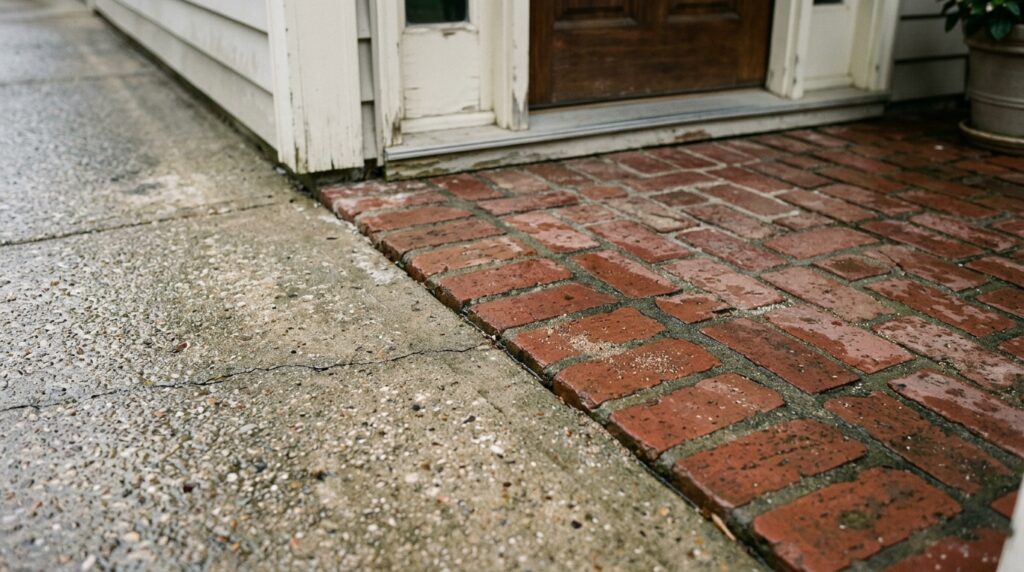 Close view of damp textured concrete meeting a brick entrance landing with visible joints