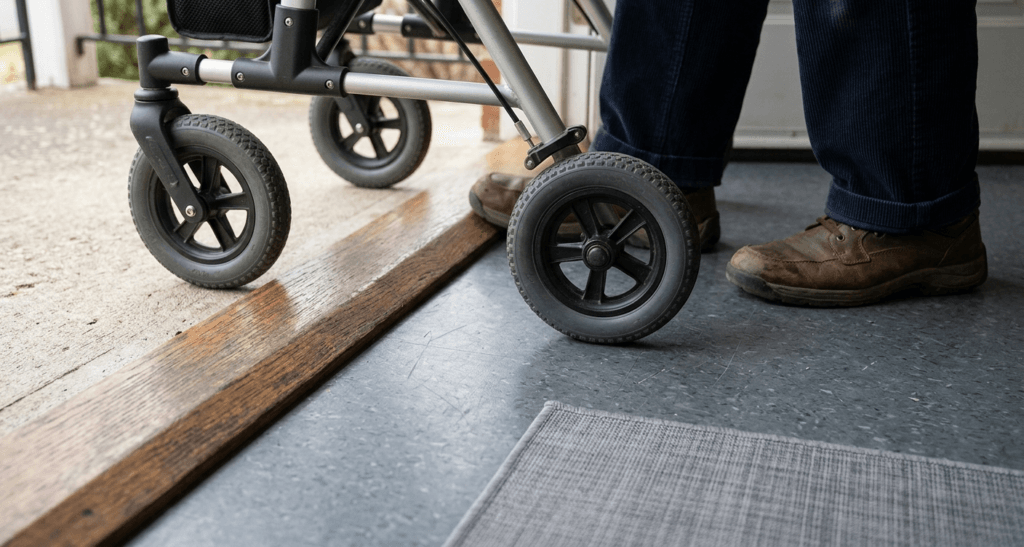 Close-up of walker wheels moving across a low beveled threshold between level exterior and interior surfaces