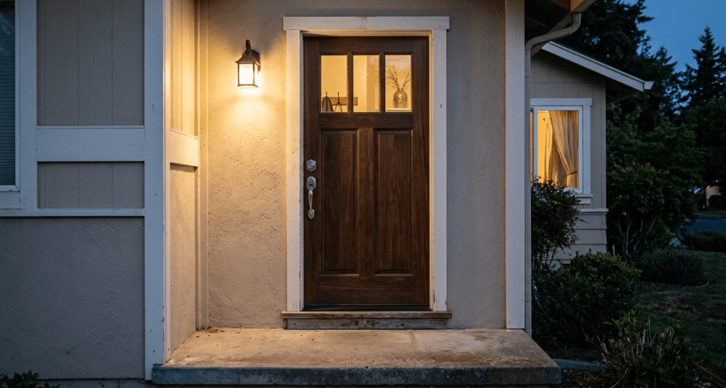Exterior light illuminating a front door lock, lever handle, low threshold, and clear landing