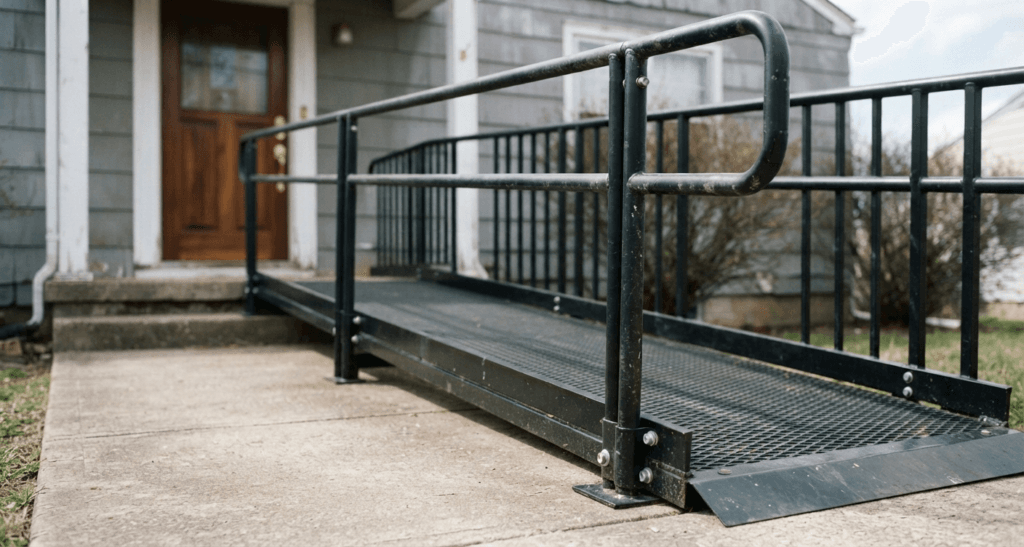 Close-up of a black metal wheelchair ramp with a non-slip surface and edge protection