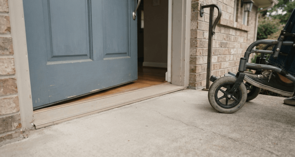 Close-up of a wheelchair approaching a low door threshold with a level landing and lever handle