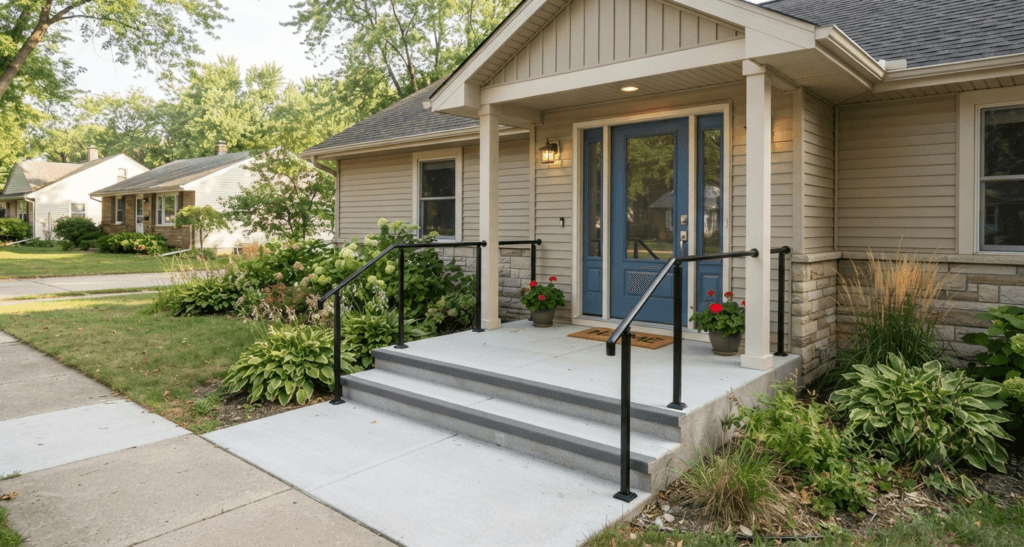 Safe front entrance with wide steps, handrails, level landing, lighting, and a clear walkway
