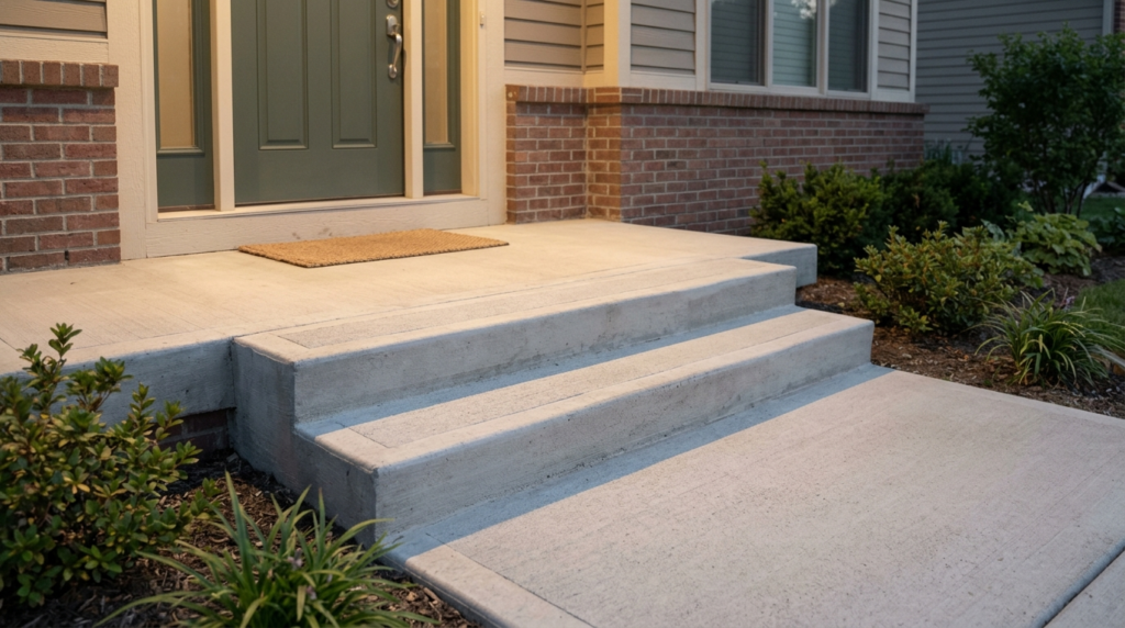 Even lighting revealing the edges and surfaces of entryway steps and landing.