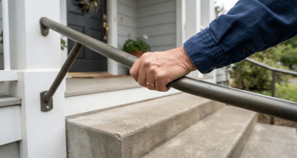Close-up of an older adult gripping a secure exterior handrail beside clearly visible entrance steps