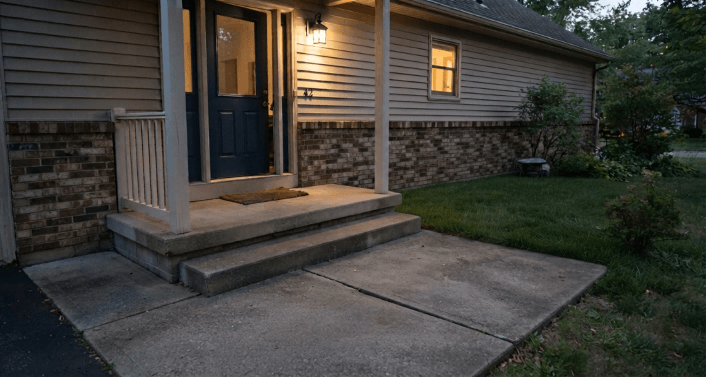 Uneven walkway, poorly visible step edge, loose mat, shadows, and limited landing space at a home entrance