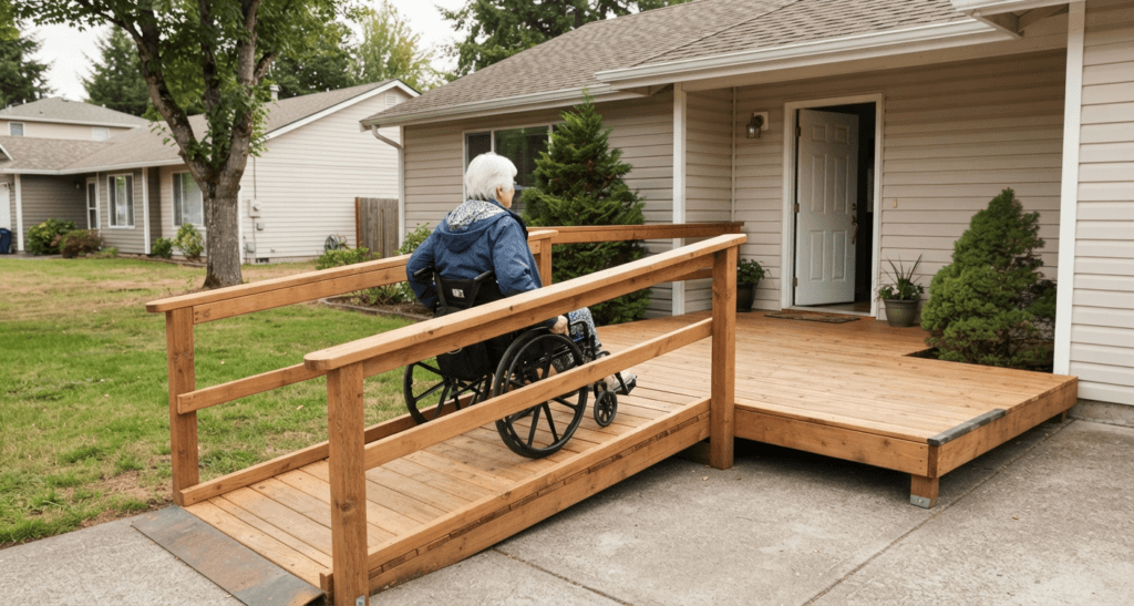Older woman independently using a wheelchair to enter a home through a safe residential ramp