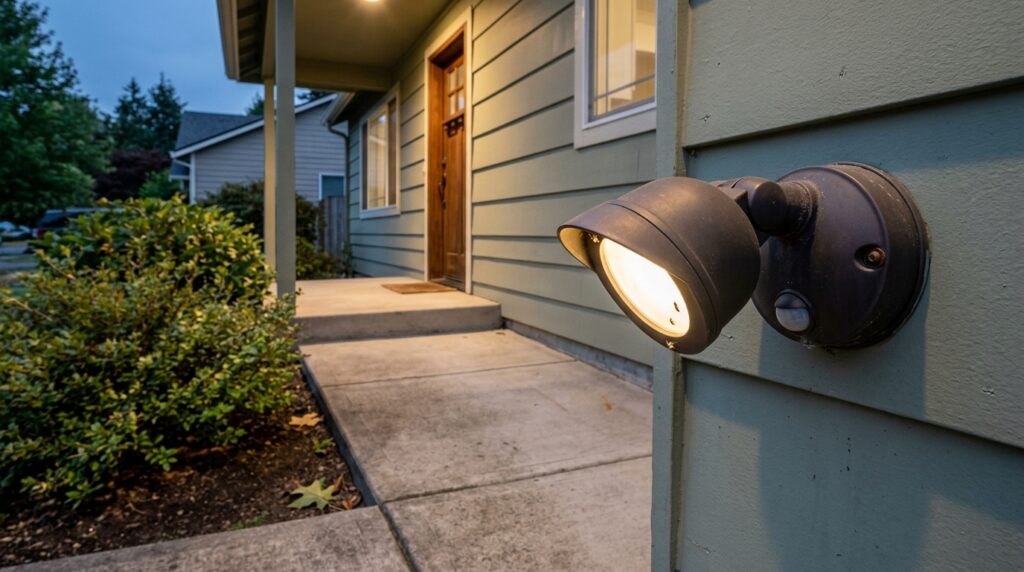 Motion-sensor exterior light beside an illuminated residential entryway.
