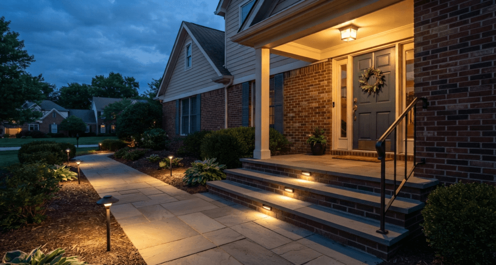 Evenly illuminated home entrance with visible steps, handrail, level landing, and lever-style door handle