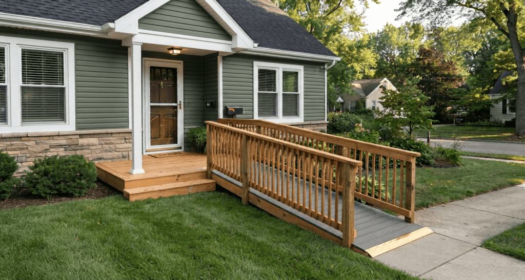 Residential wheelchair ramp with non-slip surface, continuous handrails, edge protection, and a level door landing