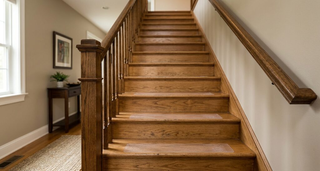 Indoor wooden staircase with clear non-slip treads on the steps and a handrail along the wall. How to Make Wooden Stairs Less Slippery Without Carpet