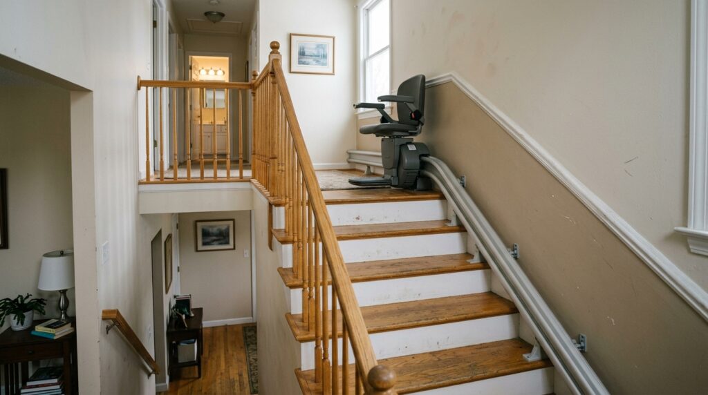Stairlift chair and rail beside a wooden staircase with a landing in a home.
