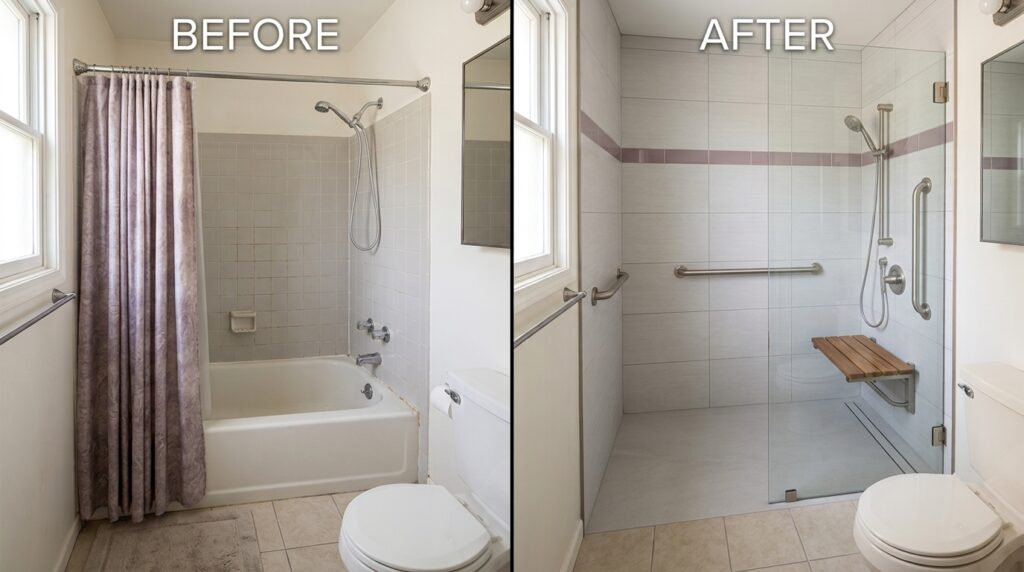 Side-by-side bathroom comparison showing a bathtub replaced with a curbless walk-in shower with grab bars, a shower seat, and a handheld showerhead.