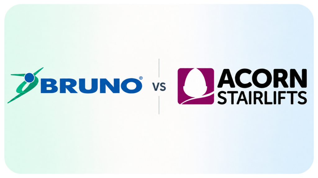 Bruno and Acorn Stairlifts logos side by side, separated by VS on a pale mint and blue background.