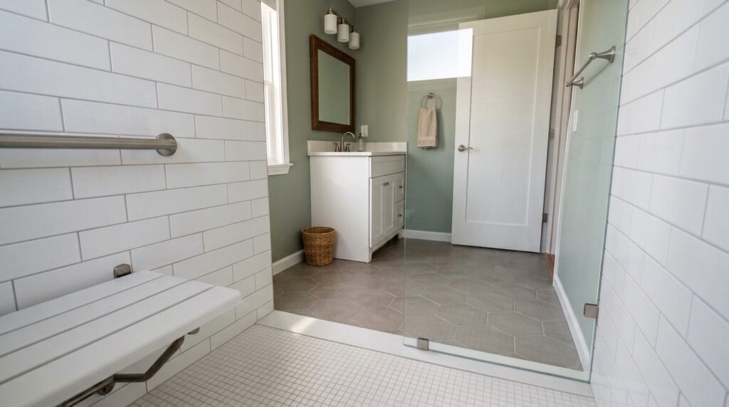 View from inside a tiled shower toward a bathroom vanity, showing a folding seat, grab bar, and glass enclosure.