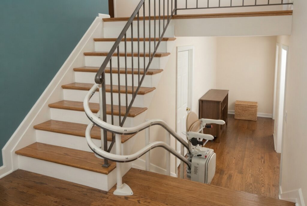 Curved stairlift with a cream seat on an oak staircase, with dark metal balusters and warm off-white walls.