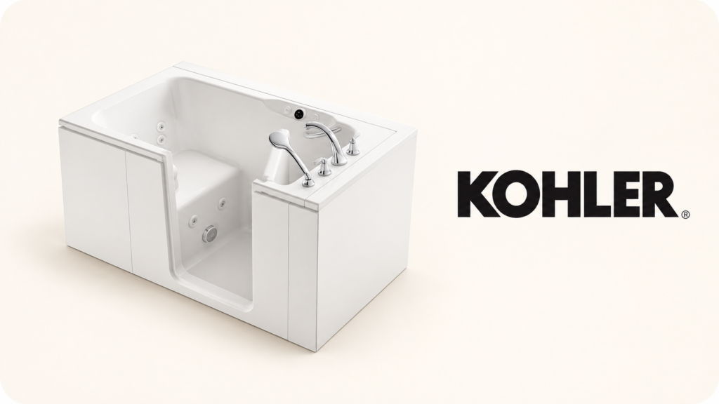 Illustration of a Kohler Belay walk-in tub with a built-in seat, bathing jets, and a handheld showerhead.