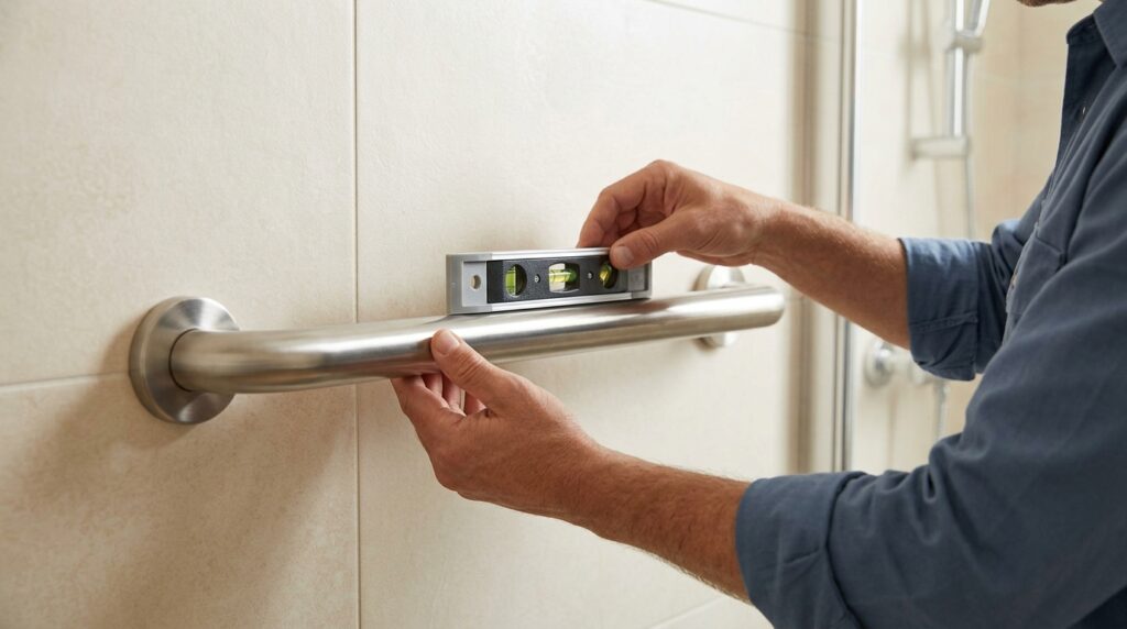 Installer checking a stainless steel bathroom grab bar with a spirit level on a tiled shower wall.